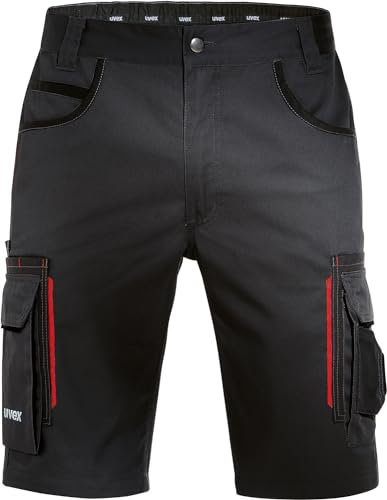 Uvex Pantaloni Corti da Lavoro Tune-up - Pantaloni Cargo da Lavoro per Uomo - Pantaloncini con Molte Tasche e 35% Cotone - Nero-Rosso - 50