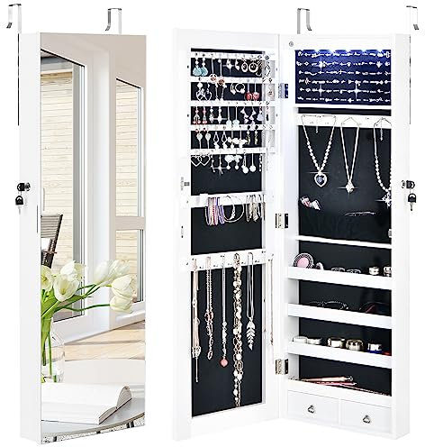 HOMASIS Schmuckschrank mit LEDs & Ganzkörperspiegel, abschließbarer Schmuckregal mit 2 Schubladen & 24 Haken zum Aufhängen für Tür & Wand, Spiegelschrank aus Holz für Schmuck, Ketten, Ohrringe, Weiß