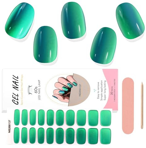 EBANKU Chrome Green Gel Nail Strips - 20PCS Long Lasting Strips with Nail File & Wooden Stick for Women Manicure