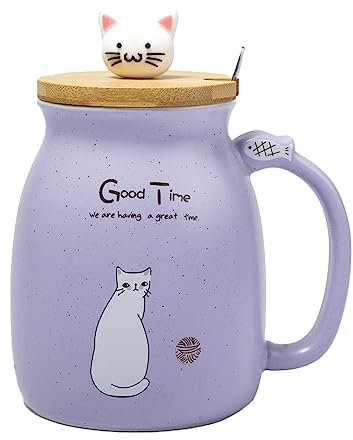 lachineuse - Tazza Kawaii 450 ml - Tazza grande gatto con coperchio e cucchiaio - Tazza per infusione, tè e caffè - Tazza originale giapponese - Idea regalo Giappone Asia - Kitty Carino - Colore Viola