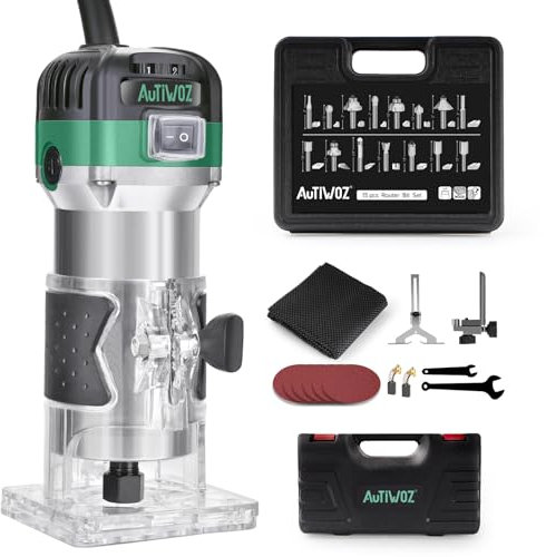 AUTIWOZ Palm Router Tool, Electric Wood Hand Trimmer 600W with 6 Variable Speed 10000-3000 RPM, 1/4 Collet Wood Routers for Woodworking, Power Router with 15pcs Trim Router Bits, Portable Router Case