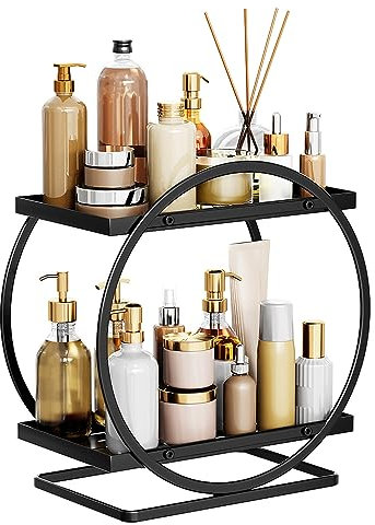 Make-up-Organizer für Schminktisch, 2-stöckig, Badezimmer-Arbeitsplatten-Organizer, Hautpflege, Kosmetik-Aufbewahrungsregal, Metall, Parfüm-Organizer für Schlafzimmer, Kommode (schwarz, rund)