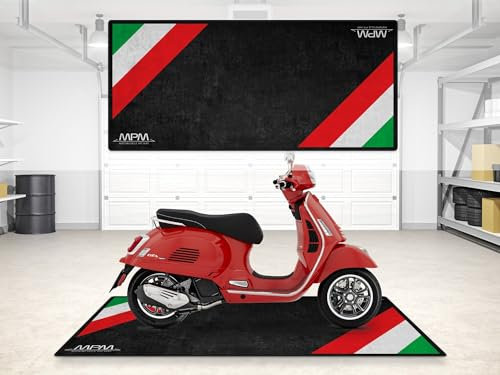 wibeart MPM Motorradmatte für Vespa-Roller „Italian“, waschbar, rutschfest, öl- und wasserabweisend, Parkmatte für Garage, Ausstellungsraum, Werkstatt | Größe 1: 86.6 x 39.4/220 x 100 cm