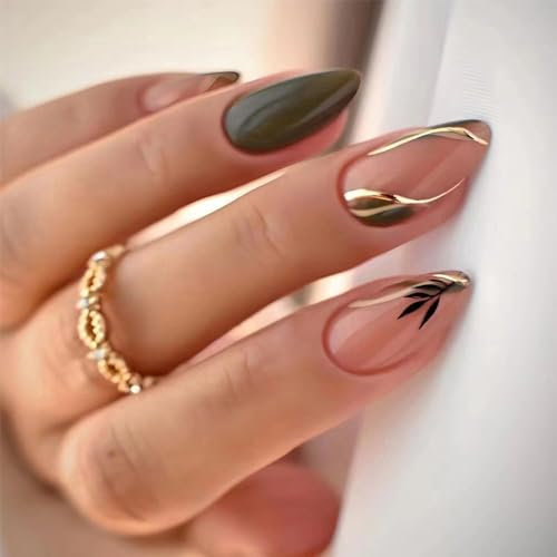 24pcs Short Almond False Nails Dark Green Stick-on Leaves Design Glitter Gold Swirl Press-on Removable Glue-on Fake Nails for Women Girls - Nail Art Accessories