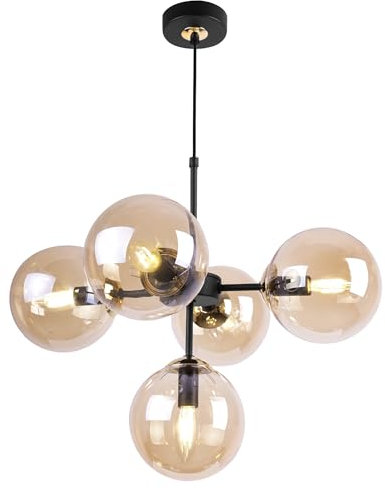 Light-Home Imperia Hängelampe - Deckenlampe für Wohnzimmer Schlafzimmer und Esszimmer- Pendelleuchte aus Metall und Glas - E14-5-Flammig - Schwarz Gold Basis und Gold