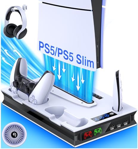 HEYLICOOL PS5/PS5 Pro/PS5 Slim Stand Accessories for PlayStation 5 Disc/Digital with 3 Level Cooling Fan & RGB Light, PS5 Vertical Stand Fast Dual Controller Charging Station with Headset Holder