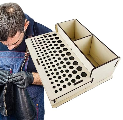 Lambo Werkzeugkiste für Lederarbeiten, Werkzeugkiste aus Holz mit 103 Löchern und 2 Steckplätzen, Aufbewahrungsbox aus Holz für Werkzeuge, Handwerkswerkzeugkiste aus Holz für die Aufbewahrung