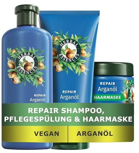 Herbal Essences Repair Arganöl Set mit Shampoo (350 ml), Spülung (250 ml) und Haarmaske (300 ml), Intensive Pflege Damen, hilft, trockenes Haar in einen seidigen Glanz zu verwandeln, Vegan