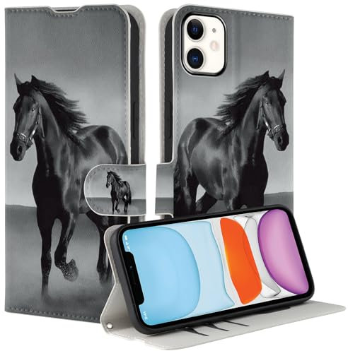 Coalbooliy Hülle für Apple iPhone 11 Hülle 6,1, Handyhülle mit Muster Leder Klapphülle Kartenfach Wallet Schutzhülle, Standfunktion Stoßfeste Case für iPhone 11 Cover, Schwarzes Pferd