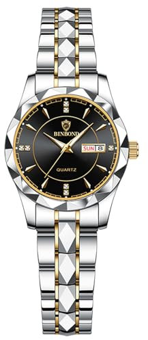 JewelryWe Damenuhr Edelstahl Uhren Damen: 30m Wasserdicht Kalender Analog Quarz Armbanduhr Frauen Gold Silber Edelstahl Armband Lässig Business Uhr mit Schwarz Zifferblatt und Gold Leuchtzeiger