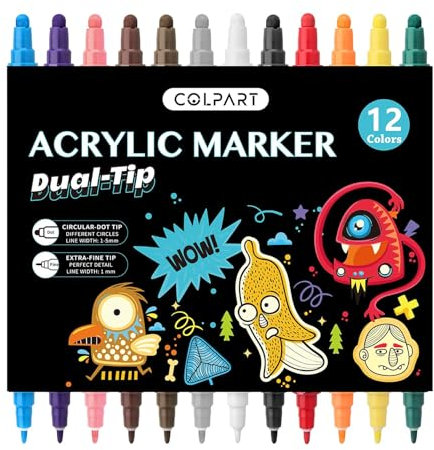 DOETYD 12 PCS Acrylic Paint Pens Waterproof Dual Tip Markers Permanent Acrylic Markers for Glass Rock Ceramic Stone Wood Metal Canvas Fabric