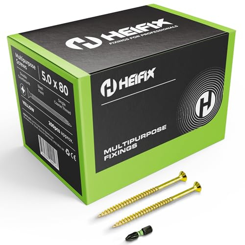 Heifix Multi-Purpose Pozi Wood Screws - 5 x 80mm, 200 QTY, FREE Screw Bit | Multi-purpose Wood Screws For Timber, DIY And General Fixing. Double Countersunk Pozi Design With FREE Matching Screw Bit.