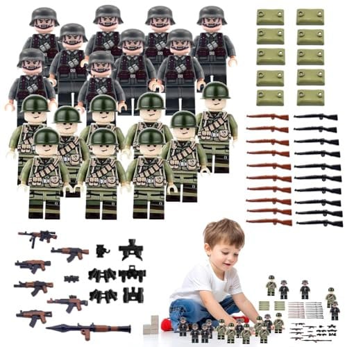 RANJIMA Mini Figures Military Kit, 20 Stücke Militär Soldaten Spielset mit Actionfiguren und Waffenzubehör, Baustein Spielzeug, Militärspielzeug Kampfspielzeug für Kinder Rollenspiele Geschenk