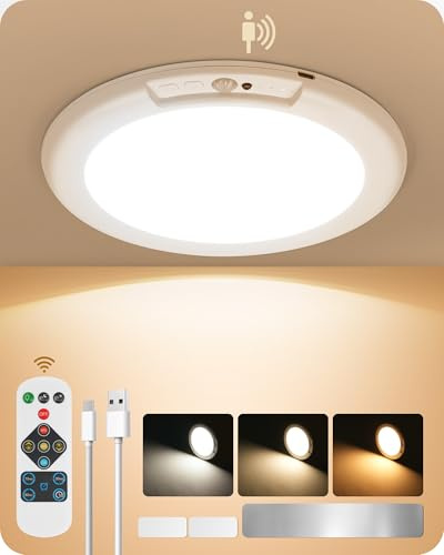 GOEBLESON Rechargeable Motion Sensor Ceiling Light with Remote, Round | 3 Lighting Modes, Magnetic Wireless, Dimmable Shower Light for Bathroom Hallway Stairs Garage