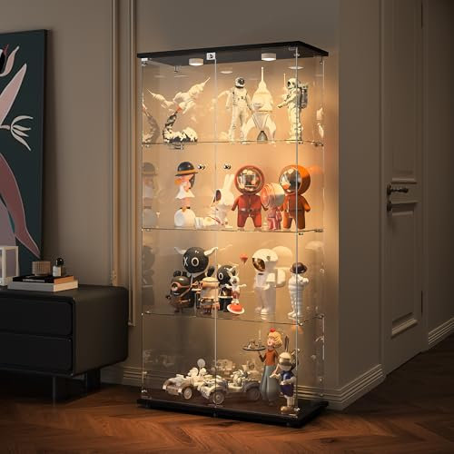 Mobile vetrina in vetro con LED, 164 x 80,5 x 36,5 cm, con 2 ante e 4 ripiani, serratura, pannello posteriore in vetro a specchio, per bar, oggetti da collezione, soggiorno, nero