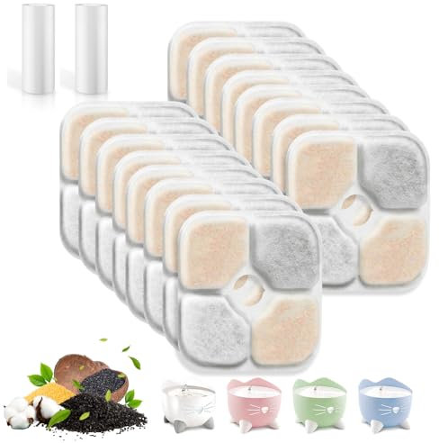 16 Stück Katzenbrunnen Filter für Catit Pixi Trinkbrunnen mit 2 Schläuche, Dreifaches Filtersystem Ersatzfilter mit Harz und Aktivkohle