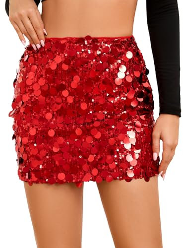 JasGood Pailettenrock für Damen Glitzer Rock Kurz Damen Sexy Minirock Hüftrock mit Elastische Taille Skirt für Party Rave Outfit Karneval Silvester,Rot,M