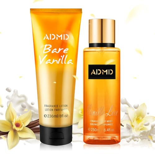 2 Body Spray Set,Körperspray Damen und Body Lotion,vanille-duftendes Bodyspray,Vanille Parfum Spray, lang anhaltender Duftspray und Duftlotion Body Splash, Geschenke für Verliebte, Frauen und Mütter