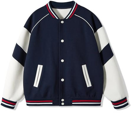 Rolanko Giaccione da Baseball per Ragazze e Ragazzi, Stile Varsity con Taschi Giubbotto da Scuola Giubbotto Bomber per Bambini, Marina, Taglia: 170, 13-14 anni