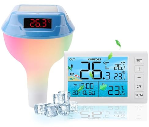 Pool Funkthermometer & Funk Empfänger,IPX8 Wasserdichtigkeit badethermometer, Poolthermometer Schwimmend mit RGB Farbwechsel LED poolbeleuchtung,Schwimmbadthermometer für Pool, Whirlpool und Aquarium