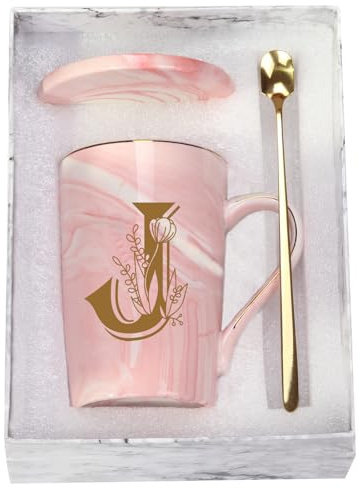 Letter J Personalized Initial Mugs with Flower, Letter J Personalized Novelty Coffee Mug, Novelty Letter Coffee Mugs for Women, Bridal Shower Gifts, Women's Initials Gifts Coffee Mug 14 Ounce Pink