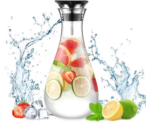 ecooe Jarra de Agua de Cristal 1,8 Litros Jarra de Vidrio con Tapa de Acero Inoxidable Jarra Agua Cristal Transparente Borosilicatado Jarra de Vidrio para Agua Fría/Caliente, Zumo, Leche, Café, Té