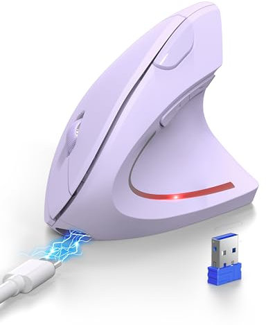 TECKNET Ergonomic Mouse, Bluetooth Rechargeable Vertical Mouse (BT5.0/3.0+USB-A), Wireless Right handed Mouse 6-Button,Optical Mouse 4800 DPI 6 Adjustable Levels,Quiet Clicks,Wide Compatibility-Purple
