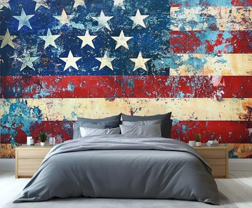YXQAIED Tapete mit amerikanischer Flagge, Vintage-Flaggen, Schlafzimmer, Wandpapier, nicht selbstklebend, blaue und weiße Streifen, Tapete für Wohnzimmer, USA, 3D-Wandbild und Heimdekor-Poster, 400 x