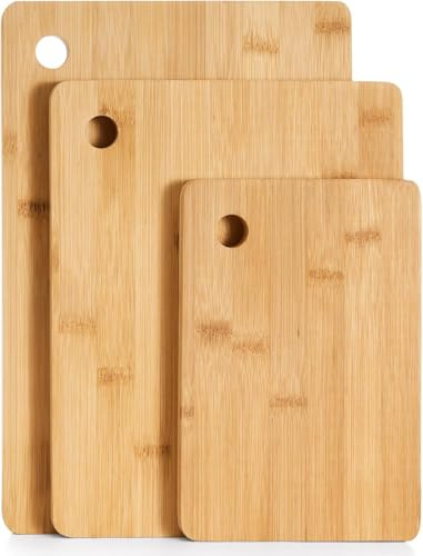 Premium Extra-Thick Wooden Chopping Boards - 3 Piece Natural Organic Bamboo Chopping Board Set, 33x22cm / 28x22cm / 22x15cm - Ideal for Carving Meat, Cutting Vegetables, Cheeses and Bread