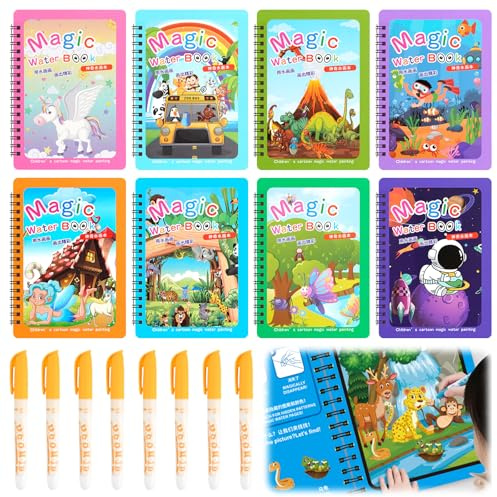 Jinkox Water Colouring Books, 8 Pieces Watercolor Books with 8 Pens Magic Paint Set, Reusable Water Painting Books