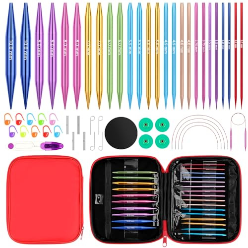 Homgaty 13 Sizes Interchangeable Circular Knitting Needles Set | Sizes 3.0-10mm, with cable needles, stitch markers & red carry case, ideal for all knitting craft projects