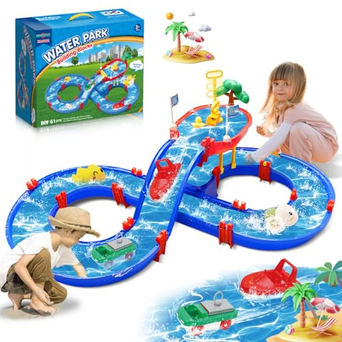TERRAMUS 2-Tier Water Table Toys for Kids,61PCS Water Park Playset with Pump,Summer Water Toys Waterways for Backyard Beach Pool Lawn,Outdoor Toy for Toddlers 3-5 4-8, Gifts for Boys Girls