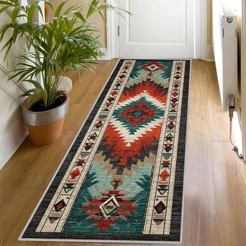 Southwestern Azteken Teppich Läufer Flur 80x200, Waschbar Rutschfest Indianer Tribal Boho Muster Teppichläufer, Weich Kurzflor Lang Flurläufer für Wohnzimmer Schlafzimmer Bettvorleger Küchen Tp774