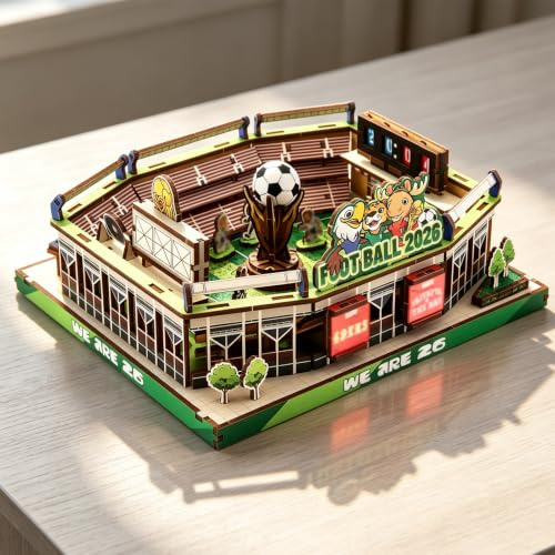 3D Holzpuzzle Weltmeisterschaft 2026 Fußballstadion, 167-teiliger Bausatz aus Holz für Erwachsene & Jugendliche, Detailliertes Modell 19.2x17x9cm, Kreativgeschenk mit beweglichen Figuren