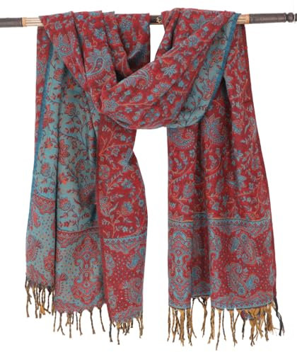 GURU SHOP Weicher Pashmina Schal/Stola mit Paisley Muster - Petrolblau/rot, Herren/Damen, Synthetisch