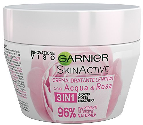 GARNIER SkinActive Crema Viso Lenitiva Idratante 3 in 1 Giorno, Notte e Maschera, Arricchita con Acqua di Rose, Confezione da 1, 150 ml