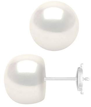 PEARLS & COLORS - Boucles d'Oreilles - Véritables Perles de Culture d'Eau Douce Boutons - Blanc Naturel - Qualité AAA+ - Or Blanc - Système Confort Sécurité - Bijou Femme