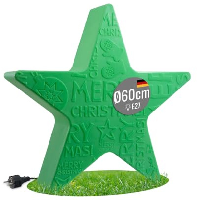 8 seasons design Shining Star Merry Christmas LED Weihnachtsstern Ø 60 cm (Grün), E27 Fassung inkl. Leuchtmittel in warmweiß, beleuchteter Stern mit geprägtem Weihnachts-Motiv, für außen und innen