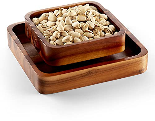 FANATU Pistazien-Snackschale aus Holz mit Muschelaufbewahrung, doppelter Geschirrhalter, Nussschalen-Sockel für Sonnenblumensamen, Erdnüsse, Kirschen, Edamame (braun)