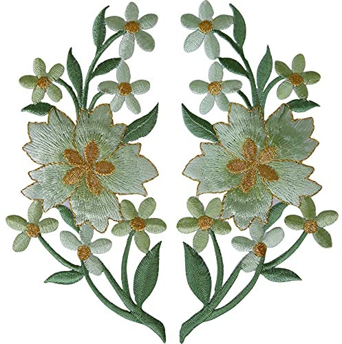 ELLU Pair of Green Flower Patches Iron Sew On Jeans Flowers Embroidered Patch Badge