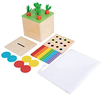 Adena Montessori Spielzeug ab 1 2 3 Jahr,Montessori Spielzeug Baby EnthäLt Karotten Ernte Spiele, Montessori Münzen Box für 6-12 Monate, Motorikspielzeug für 6 Monate,Holzspielzeug ab 1 Jahr(3-In-1)