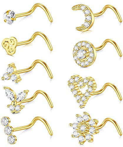 Zolure 18G Piercing Nez Stud Acier Chirurgical Goujon de Nez Fleur Lune Coeur CZ Vis de Nez pour Women Anneau Nez en Spirale 9PCS - Or