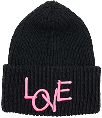 Zwillingsherz Slouch-Beanie-Mütze aus Wolle - Hochwertige Strickmütze mit Love Stickerei für Damen Mädchen Jungen - Hat - One Size - warm und weich für Frühling Herbst und Winter-schw