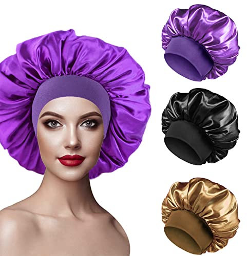 PAEFIU 3 Stück Seidenhaube zum Schlafen, Schlafhaube Seide Elastizität Satin Haarhaube für Die Nacht Weiche Bonnet Sleep Cap für Damen(Schwarz, Gold, Lila)