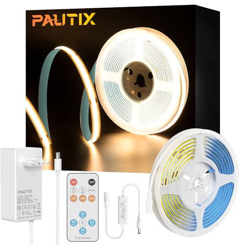 PAUTIX COB LED Streifen 2700K Warmweiss 5M,480LEDs/M Dimmbar 24V Weiß LED Streifen Licht Set mit RF Fernbedienung und Netzteil,CRI93+ Hell Unterbauleuchte für Home DIY Dekoration Timerfunktion.