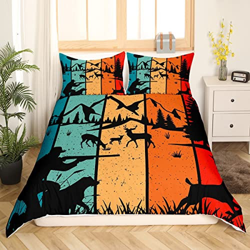 Hirsch Bettwäsche 135x200 Elch Hirsch Hunter Bettwäsche Set für Männer Wald Rentiere Jagd Bettbezug Dschungel Botanisches Unkraut Bäume Regenbogen Gestreift Sonnenuntergang Vögel Berg Zimmer Dekor
