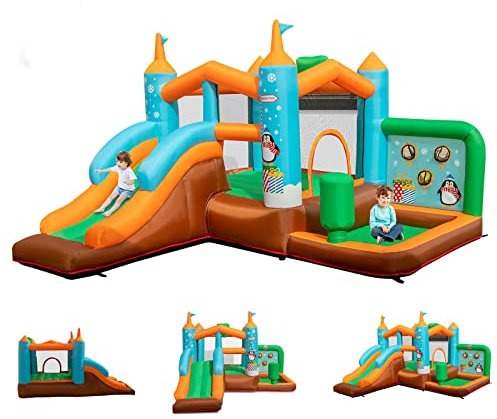 GOPLUS Château Gonflable 6 en 1 pour Enfants avec Toboggan, Trampoline Jeu Boxe, Aire de Jeux Gonflable Pingouin pour 3 Enfants 3-12 Ans Jusqu’à 90kg (Pingouin sans souffleur)