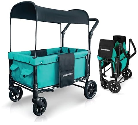 WONDERFOLD W1 Original Doppel-Kinderwagen mit 2 Sitzen von Angesicht zu Angesicht mit 5-Punkt-Gurten, verstellbarem Schiebegriff und abnehmbarem UV-Schutz-Überdachung, Blaugrün