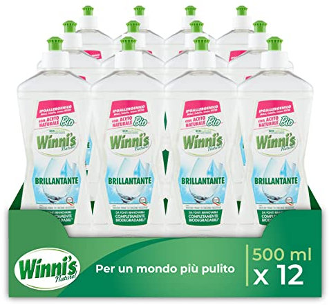 Winni's - Aditivo abrillantador para lavavajillas, hipoalergénico, con vinagre natural orgánico, contra residuos y manchas, con materias primas de origen vegetal, 500 ml x 12