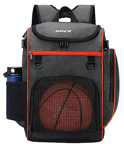 MIER Basketball-Rucksack, Fußballtasche, großer Sport-Rucksack für Männer und Frauen, mit Laptopfach für Fußball, Volleyball, Fitnessstudio, Reisen, 40 l, Grau/Orange